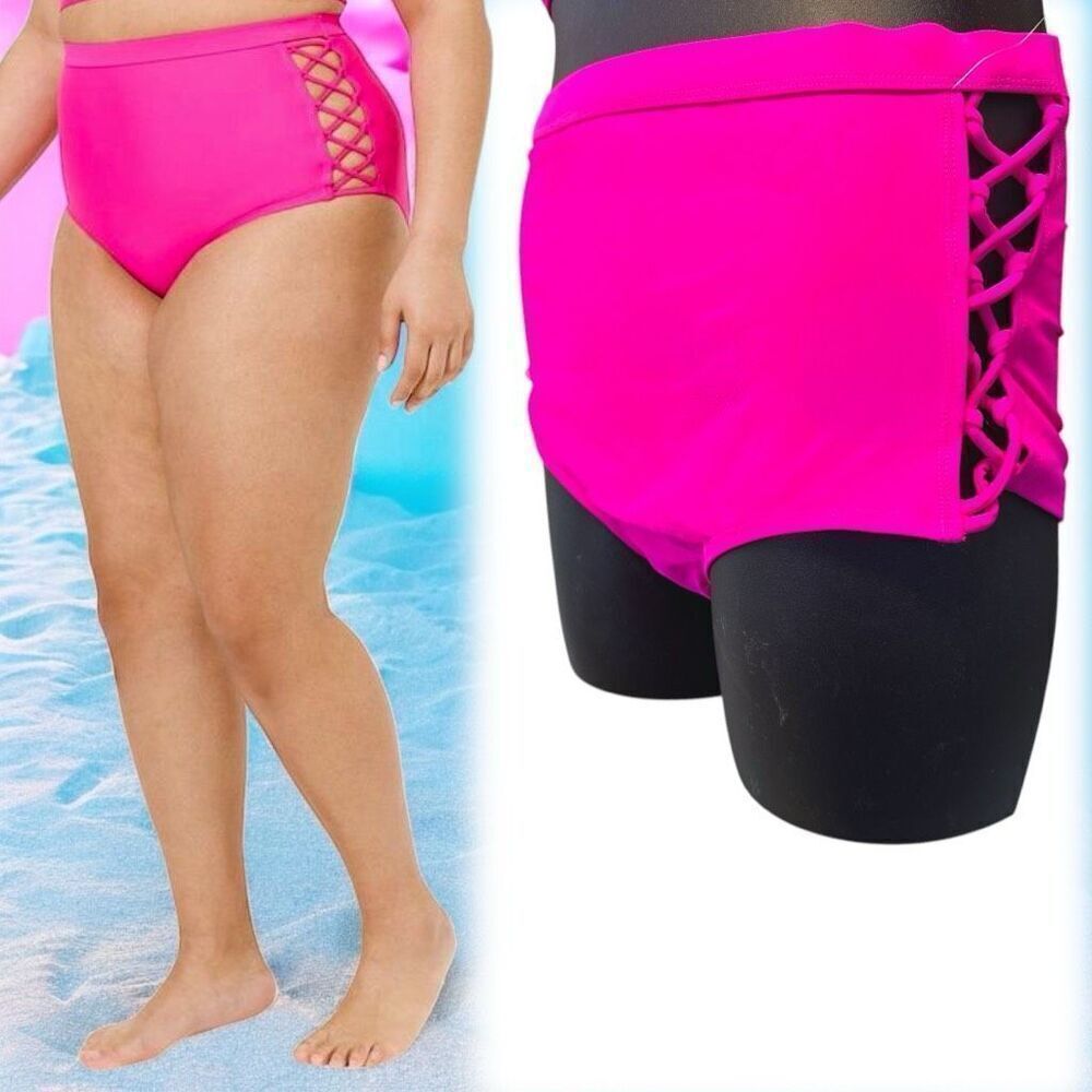 Torrid Pink Bikini Set: Wireless Strappy Lace Up Top & High Rise Bottoms 1 NWOT - Picture 4 of 16